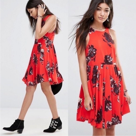 Free People Dresses & Skirts - Free people red floral sleeveless Flutter By Pleated Skater Dress 4